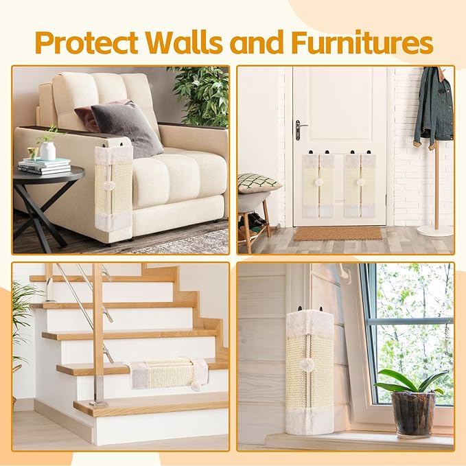 2PCS Wall Corner Cat Scratcher for Indoor Cats, Wall Mounted Sisal Scratching Pad with Hanging Ball, Vertical Corner Wall Mount Scratch Panel, Protector for Wall Corner