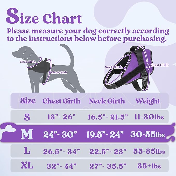 rabbitgoo Dog Harness Medium Sized, No Pull No Choke Pet Vest, Easy Wearing with One Buckle, Reflective, Adjustable Pet Harness with Molle for Walking, Training, Purple, M