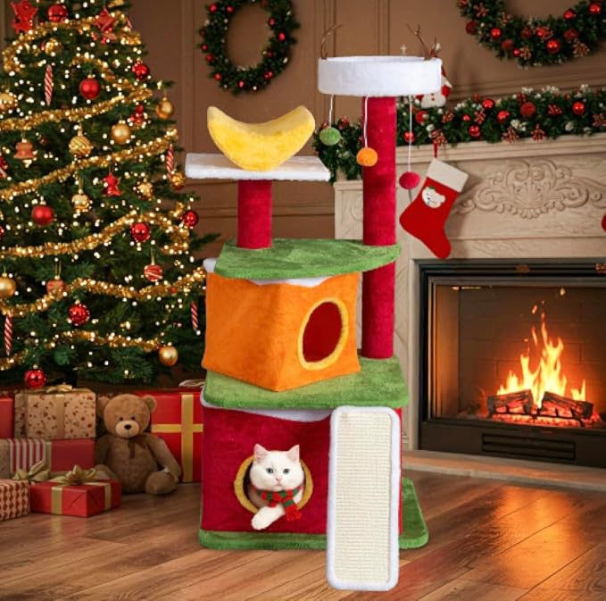 VINGLI 48.5IN Christmas Themed Plush Cat Tree, Multi-Level Cat Tower with 2 Cat Condos, Top Reindeer Antler Perch, Sisal Ramp Scratching Board & Posts, Large Indoor Cat Tree Activity Center Kittens