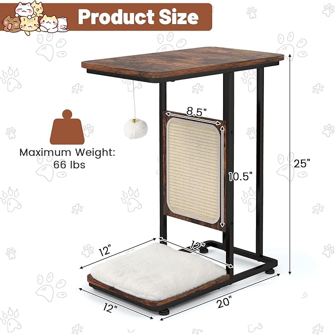 Tangkula Cat Tree and End Table, 4-in-1 Cat Coffee Table, C-Shaped Cat Small Side Table with Sisal Scratching Mat, Removable Washable Cushion, Modern Cat Furniture for Living Room, Bedroom