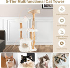 PETSITE 49-inch Cat Tree for Indoor Cats, Cute Solid Wood Modern Multi-Level Cat Tower with Scratching Posts, Top Cattail Basket Cat Bed, Side Perch, Large Platform, and Condo (White)