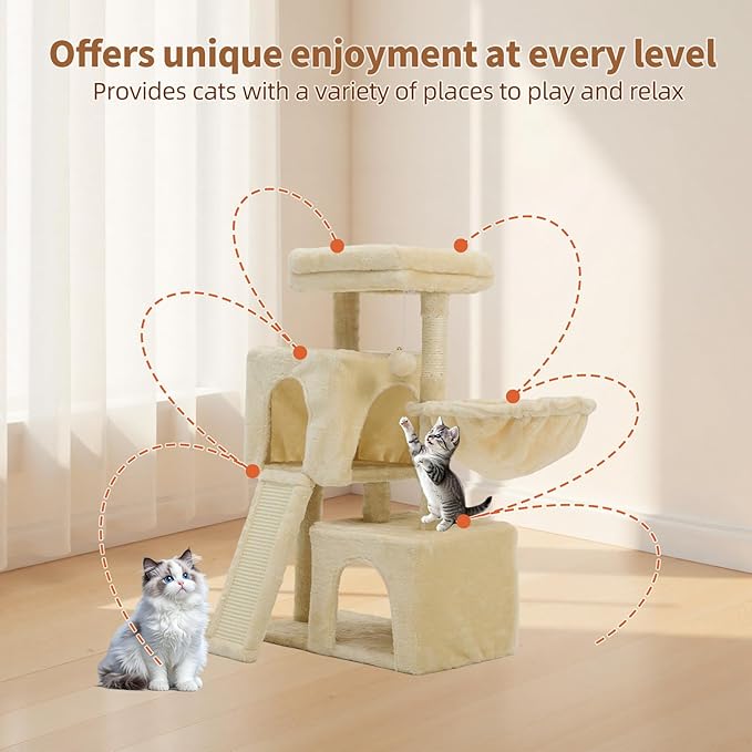 35.8-inch Cat Tree with Double Cat Beds & Hammock, Plush Perch Scratcher with Comfort Sleep Platform and Toy Ball for Indoor Cats (Beige)