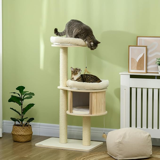 GOWE 3-Level Cat Tree with Sisal Scratching Posts, Fun Cat Badminton Toy for Playing, Soft Cushions, & Play Areas