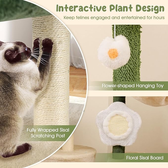 Tangkula Flower Cat Tree, Cute Cat Tower with Plush Top Perch, Cozy Condo, Sisal Scratching Post & Board, Dangling Ball, Curved Platform, Hammock, Floral Cat Tree for Indoor Cats