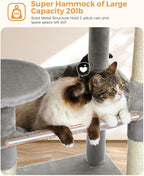 PEQULTI Cat Tree for Large Cats with Metal Frame Big Hammock, Cat Tower for Indoor Cats with 2 Door Condo House, [56.3"=143cm] Multi-Level Cat Shelves with Scratching Posts and Top Perch, Grey