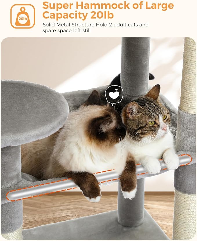 PEQULTI Cat Tree for Large Cats with Metal Frame Big Hammock, Cat Tower for Indoor Cats with 2 Door Condo House, [56.3"=143cm] Multi-Level Cat Shelves with Scratching Posts and Top Perch, Grey