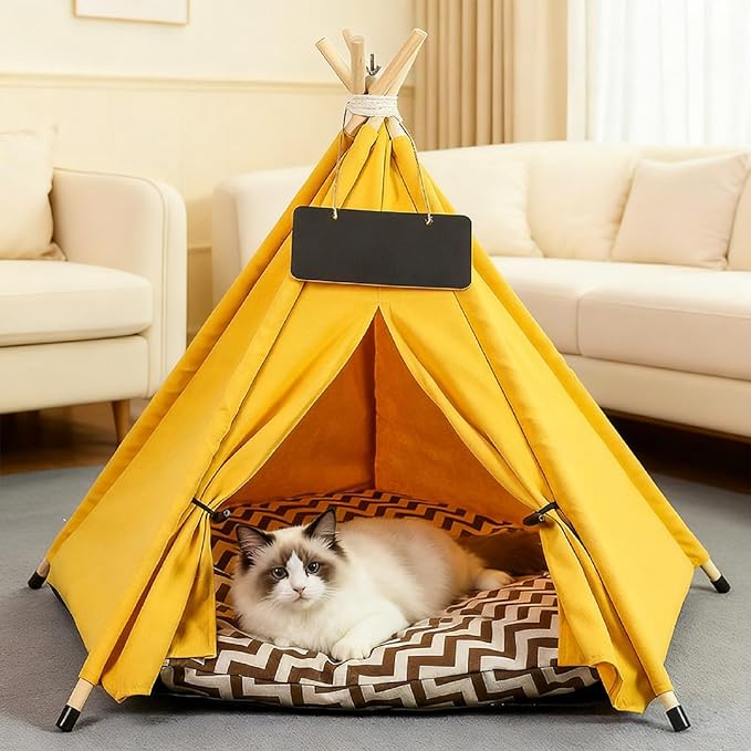 Cat Teepee Tent Bed,Outdoor Indoor Dog House,Portable Washable Pet Tent for Small Dogs with Cushion,Inside Pet Teepee for Small Medium Animals (Yellow, M)