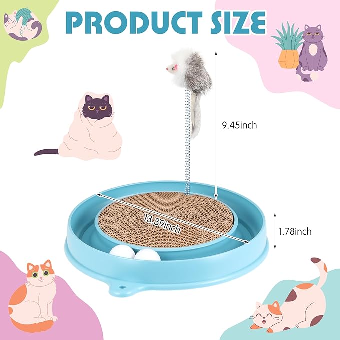 3 Pcs Cat Ball Track Toy, Include 1 Round Cat Scratcher Toy with 2 Cats Scratching Board Pad Replacement, Interactive Toys Track and Plush Mouse Toys for Indoor Cats Kitten