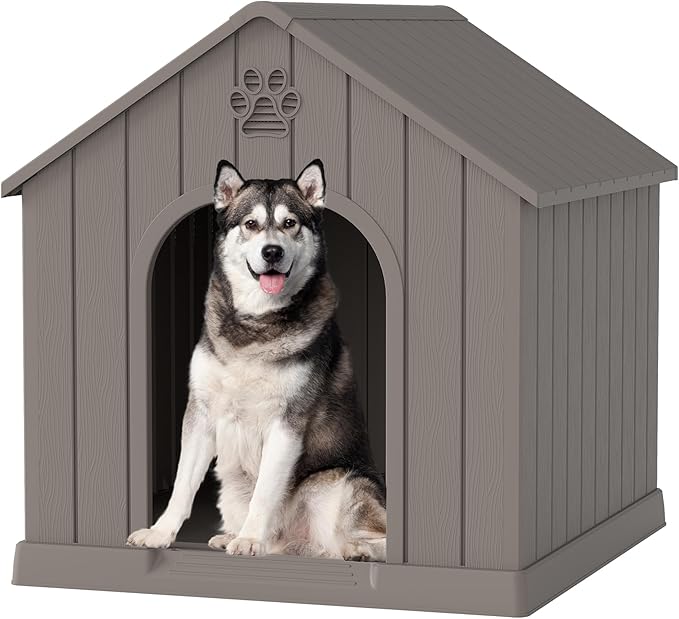 Fancyango Large Dog House Outdoor Indoor, Sturdy Plastic Waterproof Doghouse with Air Vents and Elevated Floor, Easy Clean and Assemble for Medium Large Dogs (Classic Grey, 36.2''L×38''W×38''H)