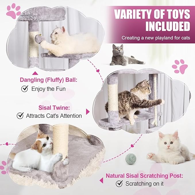 Cat Tree, 72in 8-Level Cat Tower with Sisal Scratching Post, Soft Top Platfomm, Basket, 2 Hidden Cat Condo, Balls, Space Saving Cat Condo, Indoor Pet Play House for 5 Cats, Light Grey