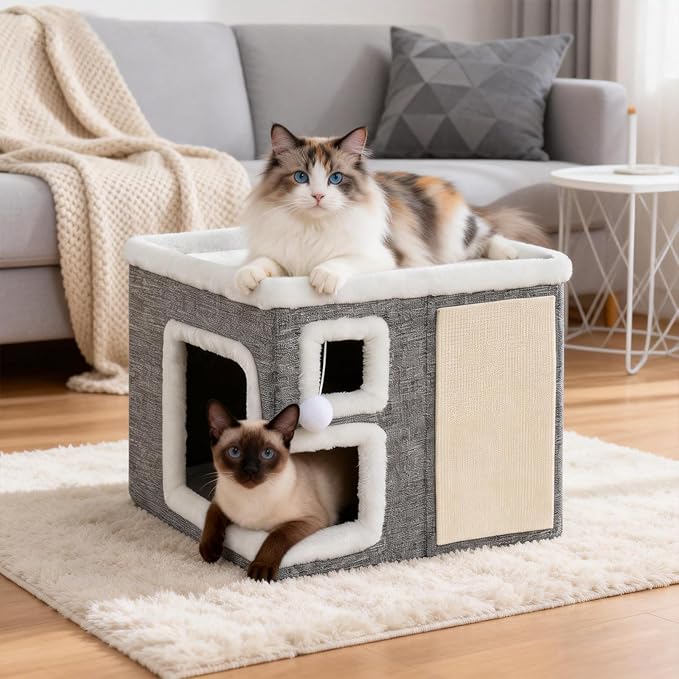 Cat Houses for Indoor Cats,Foldable with Cat Scratch Pad and Hanging Fur Ball - Washable Semi-Enclosed Cat Bed, Warming Comfy Cat Tent,16.5x16.5x12.99inch, Grey