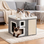 Cat Houses for Indoor Cats,Foldable with Cat Scratch Pad and Hanging Fur Ball - Washable Semi-Enclosed Cat Bed, Warming Comfy Cat Tent,16.5x16.5x12.99inch, Grey