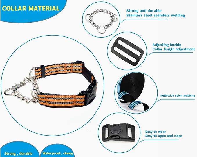 Martingale Collars for Dogs, Heavy Duty Stainless Steel Chain Training Collar, Reflective Nylon Adjustable Collar with Quick Release Buckle, Suitable for Puppy Medium Large Dogs (Orange, L)