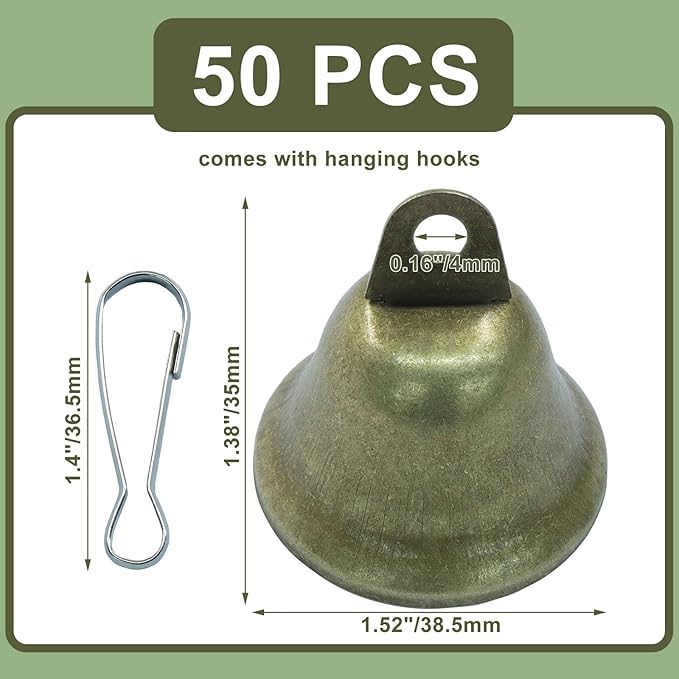 100pcs Vintage Bronze Jingle Bells with Spring Hooks - Mini Craft Bells for Christmas Decor, Dog Potty Training, Wind Chimes, Wedding Door & DIY Crafts (1.5 X 1.7 Inch)