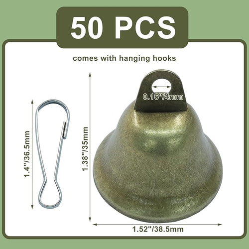 100pcs Vintage Bronze Jingle Bells with Spring Hooks - Mini Craft Bells for Christmas Decor, Dog Potty Training, Wind Chimes, Wedding Door & DIY Crafts (1.5 X 1.7 Inch)