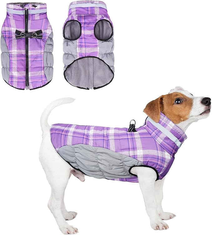 BEAUTYZOO Dog Winter Coat with Harness Built in, Reflective Plaid Puffer Vest Waterproof for X-Small Dogs, Fleece Warm Puppy Zipped Jacket with D Ring, Pet Cold Weather Sweater Clothes, Purple XS