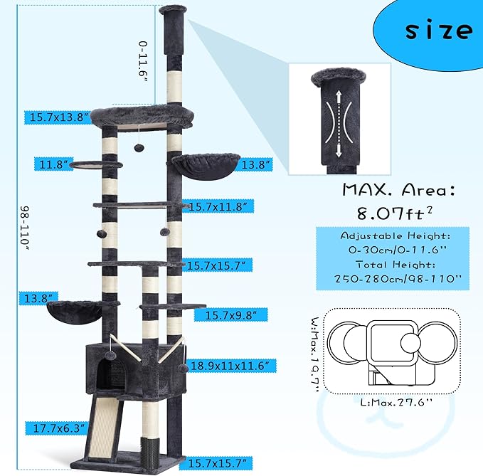 Hey-brother Cat Tree, 98.4-110.2 Inches Floor to Ceiling Cat Tree-Adjustable Height, Tall Cat Climbing Tower for Cats Large Adult with Scratching Post, Cat cando, Smoky Gray 0MPJ091G