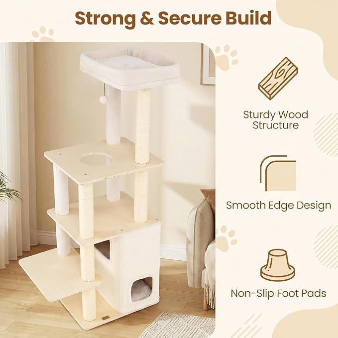 Tangkula Tall Cat Tree, 63 Inch Multi-Level Wood Cat Tower with Sisal Scratching Posts & Mat, 2-Story Condo, Plush Padded Top Perch, Dangling Ball, Modern Cat Tree Tower for Indoor Cats Large Adult