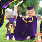 5 Pcs Dog Graduation Costume Set Include 2025 Pet Graduation Gown with Stole Puppy Grad Cap Lensless Glasses DIY Letter Stickers for Dogs Cats Holiday Costume Accessory(Purple Yellow,M)
