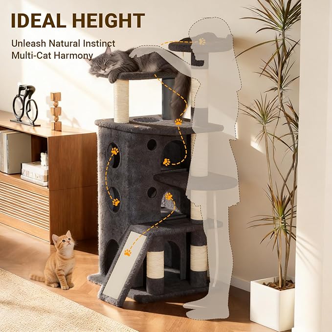 【Tank-Sturdy Tower】 PetDance Heavy Duty Cat Tree for Cats Fits Kittens to XL Maine Coons, Cat Tower with Scratching Posts, Cat Climber with 3 Spacious Hideaway, Dark Gray