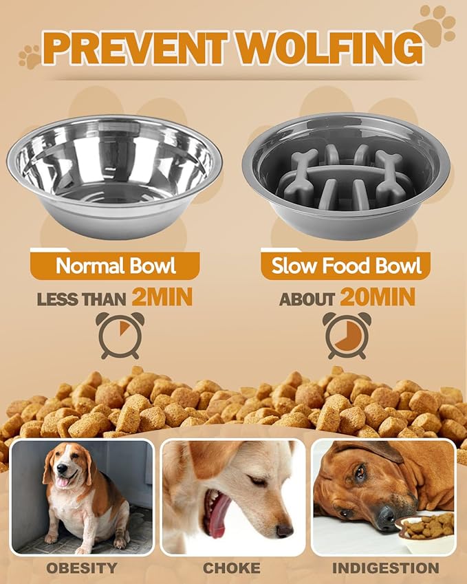 Elevated Dog Bowls for Medium Size Dogs, Non-Slip Dog Feeder with 1*Stainless Steel Dishes & 1*Slow Feeder Bowl, 5 Heights Adjustable Raised Bowls to 3.15″-8.66″-9.84″-11.02″-12.2″