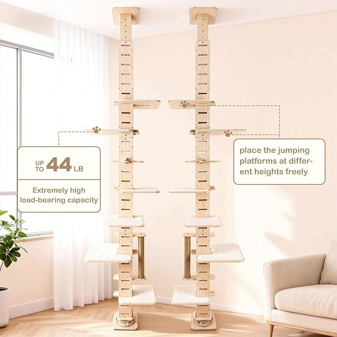 Floor-to-Ceiling Cat Tree, Multi-Level Adjustable Climbing Tower (8.2–9.8 ft) with Scratching Posts, Adjustable Jump Platforms, Interactive Ball Toy Base & Cozy Rest Areas