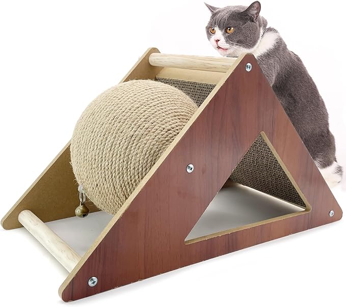 Fhiny Cat Scratcher Toy with Sisal Ball, 2-in-1 Rope Ball with Bell & Cardboard Cats Scratching Interactive Solid Wood Durable Scratch for Indoor Kitties Wear-Resistant Furniture Supplies