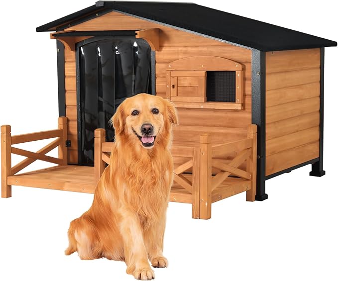 GUTINNEEN Dog House Outdoor with Anti-Chewing Iron Frame, Weatherproof Dog Shelter with Large Porch and Sliding Window, Dog Crate for Small, Medium and Large Dogs Outside