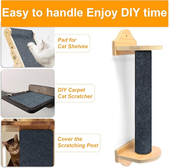 Large Cat Scratching Mat, 118"x15.8" Self-Adhesive Cat Scratch Furniture Protector, Trimmable DIY Cat Wall Climbing Carpet, Cat Couch Protector, Cat Scratching Pad Replacement (Dark Gray, 30 Nails)