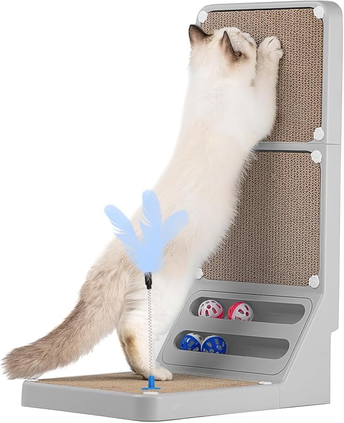 Cat Scratching Board Cat Scratching Post,2-in1 L Shaped Cats Cardboard Scratcher with Box, Kitten Scratcher Ball Wall Scratchers Pad for Indoor Cats Grey