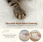 PETSITE 48.5 Inches Wood Cat Tree, Multi-Level White Modern Cat Tree with Hanging Basket, Solid Natural Peer Wood Post Wrapped with Jute Ropes, Soft Long Plush Covered Perches and Base