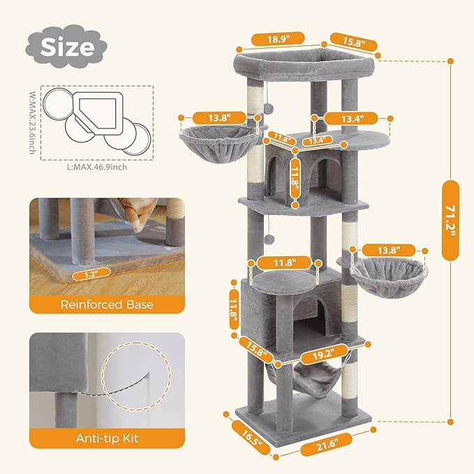 71.2 Inches Tall Cat Tree for Large Cats, Multi-Level Cat Tower with 2 Cozy Condos, Super Large Top Perch, 3 Hammocks, Sisal Scratching Posts and 2 Pompoms, Grey