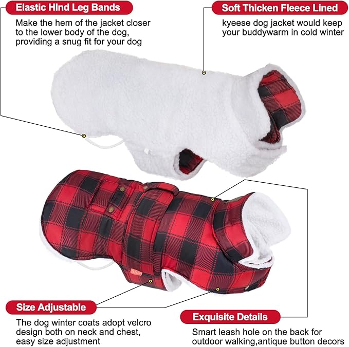 KYEESE Dog Coat Windproof Dog Coats for Small Dogs Waterproof Dogs Jacket with Fleece Lined Soft Pet Sweater for Cold Weather Warm Pet Winter Puffer Coat with Leash Hole Thick Pets Clothes with Pocket