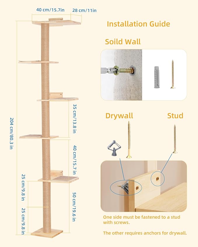 80inch Wall Mounted Cat Tree, 15.8in Top Perch Bed for Large Adult Cats, Adjustable Cat Shelves Floor to Ceiling for Scratch, Climb, and Lookout