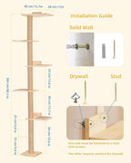 80inch Wall Mounted Cat Tree, 15.8in Top Perch Bed for Large Adult Cats, Adjustable Cat Shelves Floor to Ceiling for Scratch, Climb, and Lookout