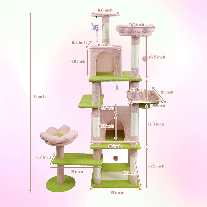71-inch Flower Cat Tree, Large Cactus Cat Tree Tower Condo with Sisal Scratching Post, Cat Condos, Hammock, Removable Flower Cushion, Multi-Level Pet Activity Center, Pink (Pink)