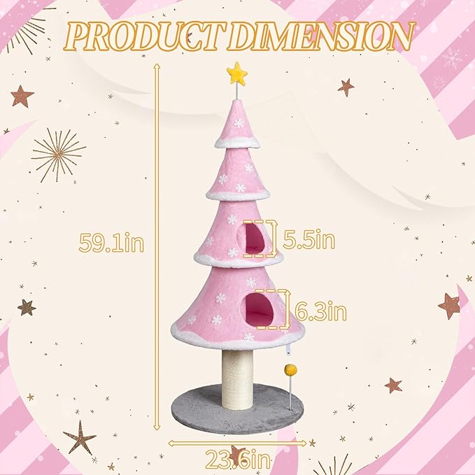 59 Inches Christmas Cat Tree for Indoor, Cat Tower with 2 Condos and Scratching Post,Christmas Tree Party Decoration Activity Center Play House (Pink)
