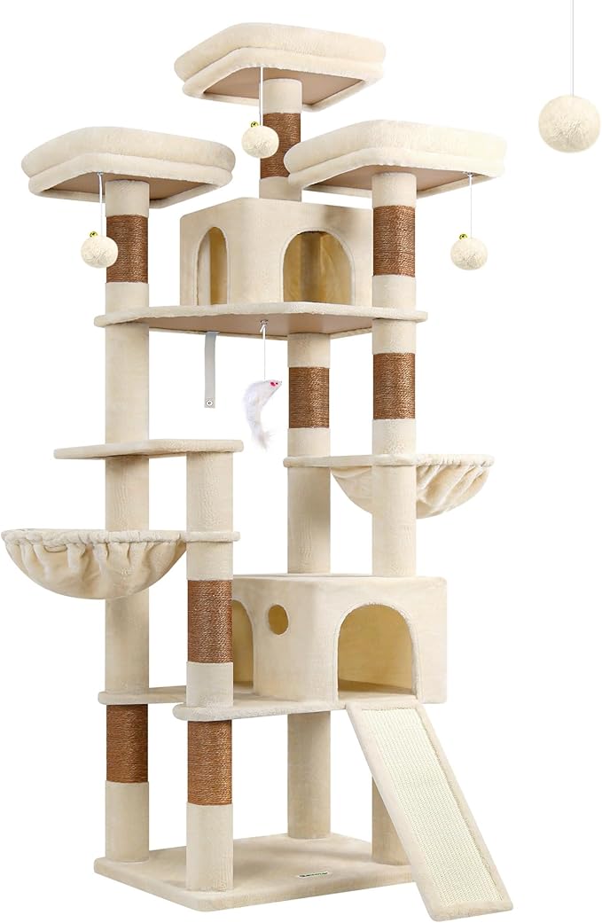 Globlazer 83 in Multi-Level Large Cat Tree Tower with Larger Cat Condo Furniture with Hammock/Cozy Pussycat Perches/Sisal Scratching Posts/Pet House/Wide Base, Beige