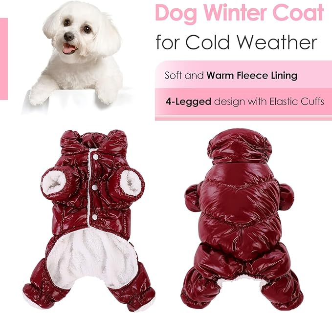 AOFITEE Dog Coat, Waterproof Dog Jacket, Fullbody Dogs Winter Coat Snowsuit, Windproof Puppy Puffer Jacket Snow Suit with Legs, Pet Fleece Winter Vest Coats for Small Dogs, Christmas Red S