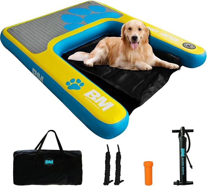 Beyond Marina Dog Pool Ramp - Inflatable Dog Water & Boat Ramp for Lake, Floating Pontoon Dock Ladder with Non-Slip EVA, PUP ON Standard, Extra Large 59" x 47" x 6", Blue/Yellow, Supports 230 lbs