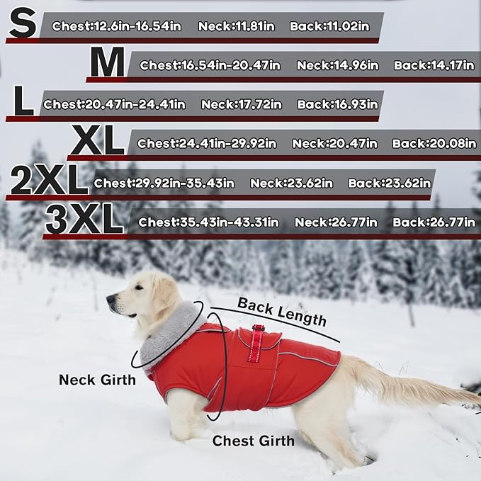 Lelepet Warm Dog Coat - Reflective Waterproof Fleece Vest with Adjustable Buckle Hook & Loop, Windproof Winter Jacket Dog Coats for Small Medium Large Dogs, Red, L