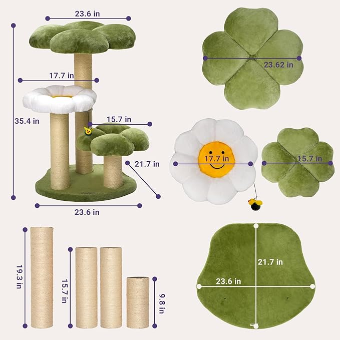 Happy & Polly Flowers Cat Tree Cute Cat Tower 35.4 Inches Multi-Level Stable Condo for Large Cats Easy to Assemble with Scratching Posts Cat Furniture Activity Center for Kitten