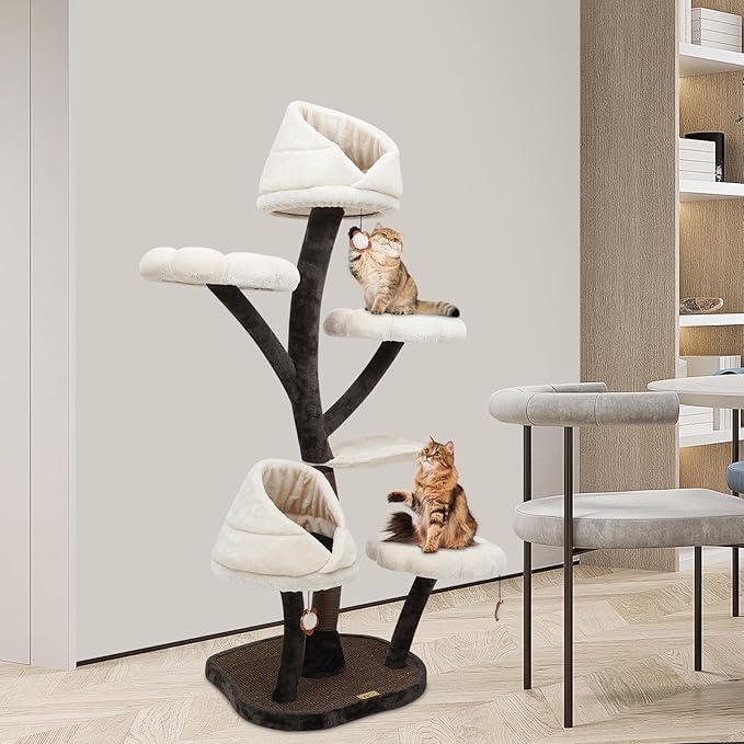 Cat Tree, Multi-Level Cat Tower for Large/Small Cats Climbing Kitty House with Resting Platforms & Scratching Posts Cats Activity Center Cat Climbing High Load Capacity (Brown+White)