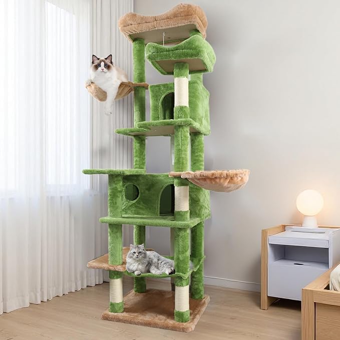 Anwick 68" Tall Cat Tree Tower with Scratching Posts, Cat House with Hammocks, Cat Condos for Indoor Cats, Removable Cushions, Multi-Level Cat Playground (Green)
