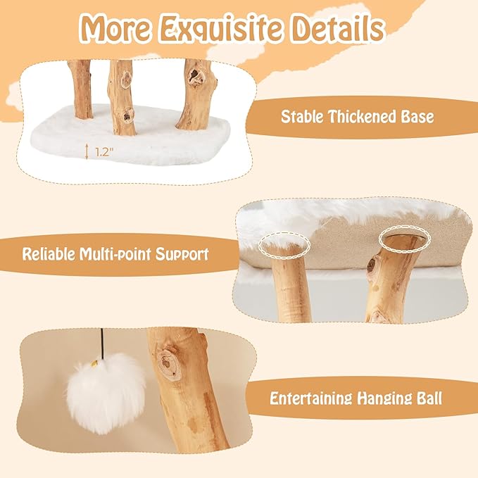PETSITE 44 inch Wood Cat Tree, Modern Wooden Cat Tower with Jute Scratching Posts, Top Perch, Soft Long Plush and Dangling Ball, Pear Wood Branches Cute Cat Tree for Indoor Cats