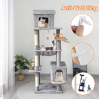 Tall Cat Tree 64 in, Multilevel Cat Tower for Adult Cats, Climbing Tree House and Towers with Condo Hammock Scratching Post Wide Base (Light Gray, 64 in)