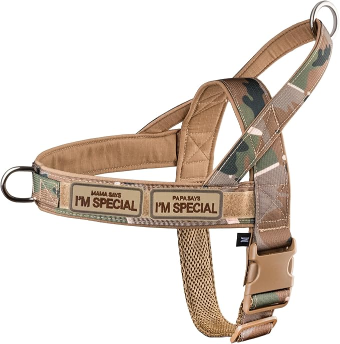No Pull Dog Harness for Small Medium Large Sized Dogs, Escape Proof Adjustable Dog Harnesses with 2 Patch, Green Camo, L