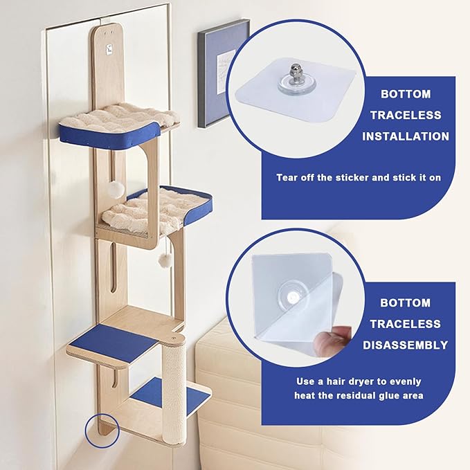 4-Level Door Hanging Cat Climber Door Mounted Vertical Cat Tree Tower with Felt Planks & Velvet Pads for Indoor Cats with Non-Marking Installation (60“H x 24.4" L x 13.4" W)