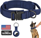 DAGANXI Tactical Dog Collar, Adjustable Military Training Nylon Dog Collar with Control Handle and Heavy Metal Buckle for Medium and Large Dogs, with Patches and Airtags Case (Midnight Blue, L)