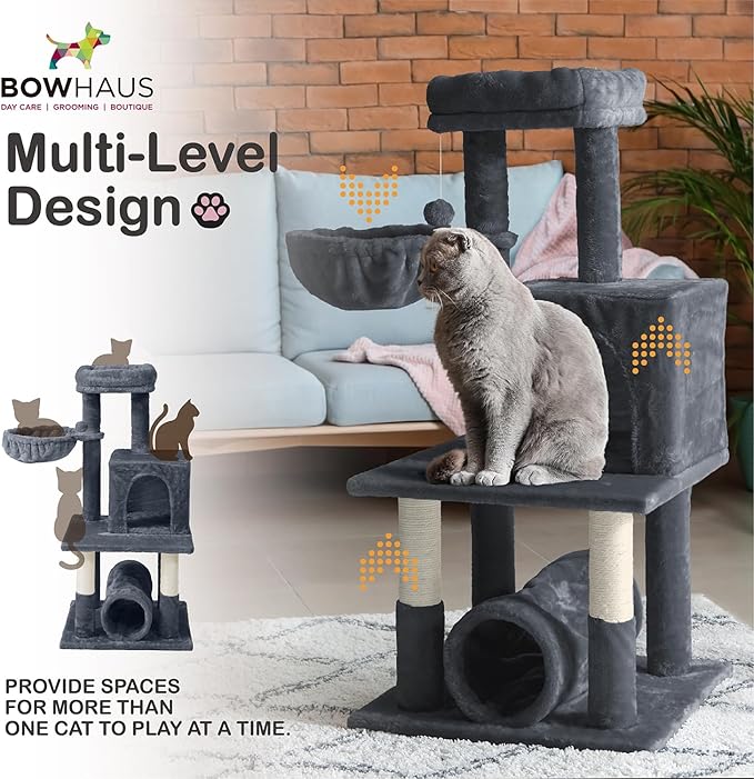 Tall Cat Tree for Indoor Large Cats or Kittens, Multi-Level Cat Activity Tree with Scratching Posts, Hammock, Cat Cave Condo, Modern Cute Small Cat Climbing Tower with Widened Perch
